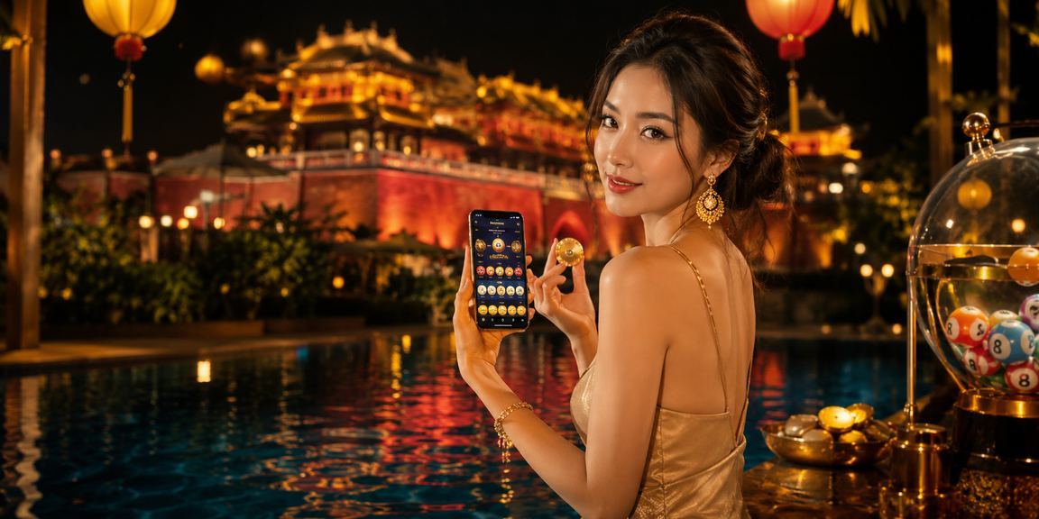 Không khí đêm Hội An với người dùng xem thông tin khuyến mãi trên điện thoại
